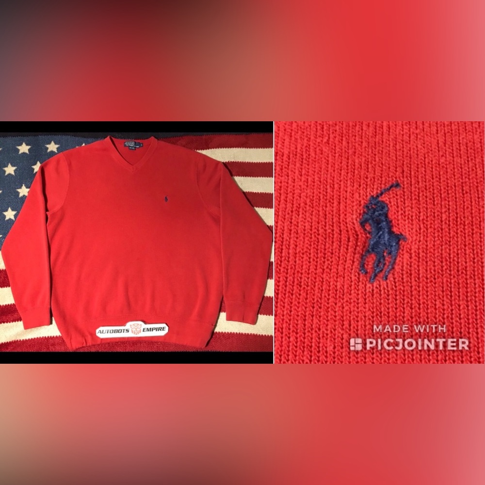 Vintage Polo Ralph Lauren Classic Red V Neck Sweater L p wing stadium rlpc Golf
